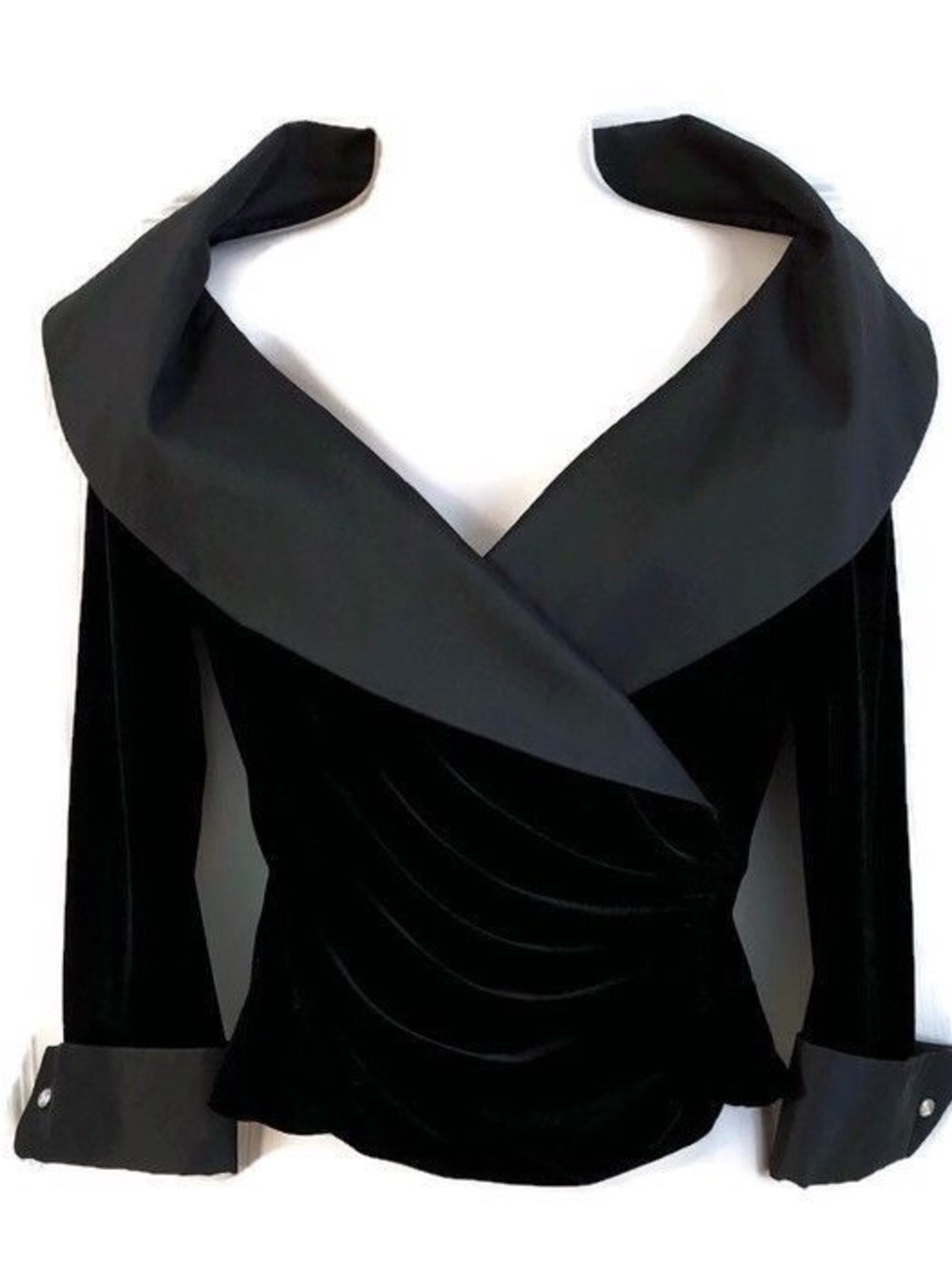 Tadashi. Velvet Stretch Taffeta Portrait Collar Blouse. Black. Size Large.